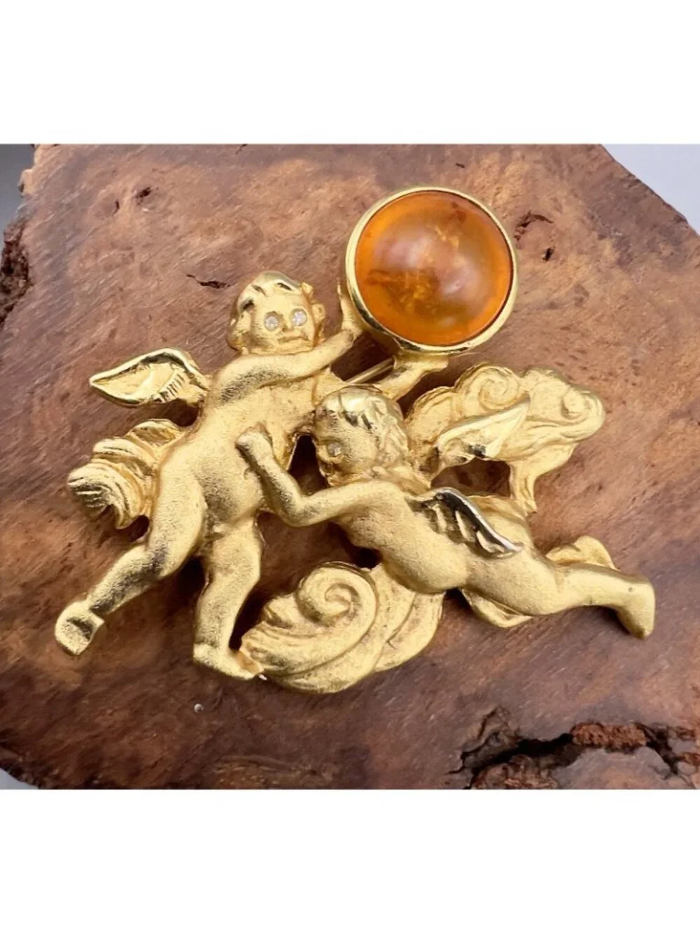 Vintage Signed LS Louis Stern Cherub Angel Brooch Gold Tone Amber Cabochon Pin